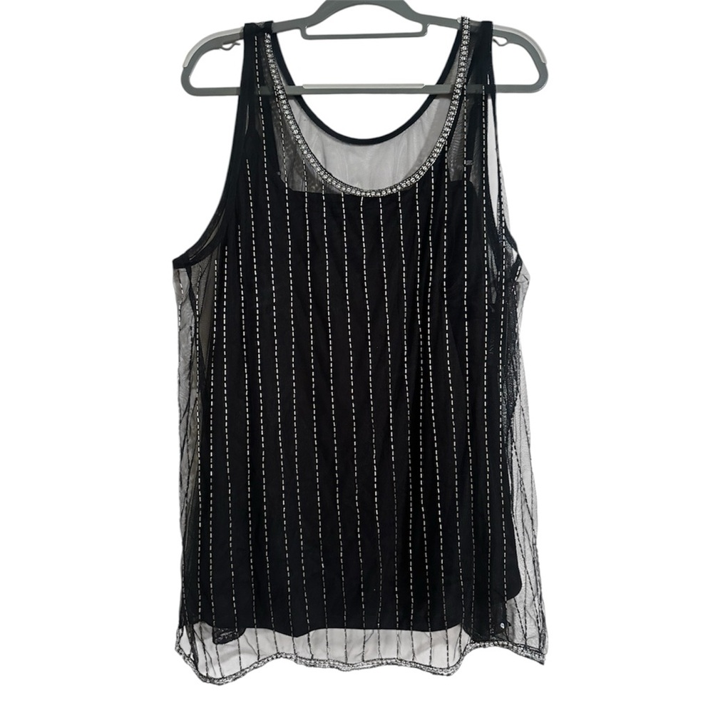 Lane Bryant Black Beaded Mesh Overlay Tank Top Rhinestone Neck Size 22